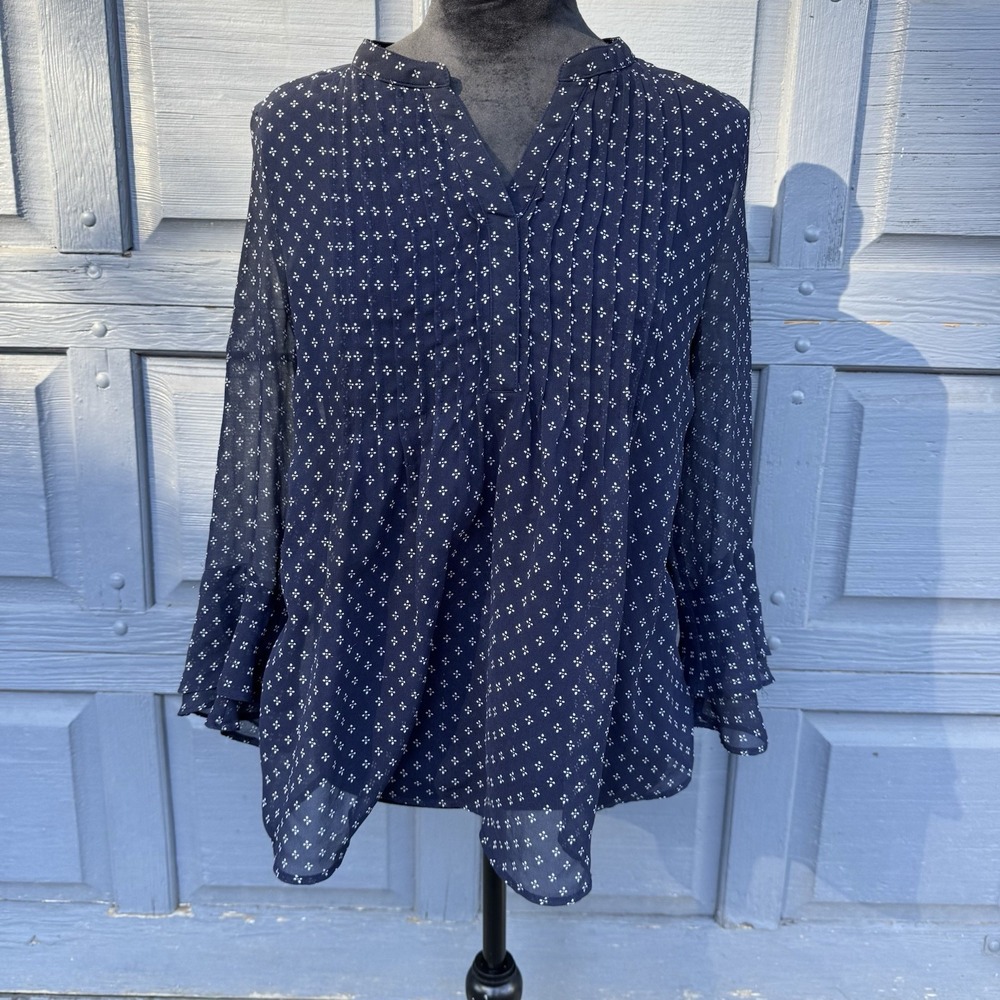 Charter Club Women's Petite Medium Intrepid Navy Blue Combo Printed Pin tuck Top
